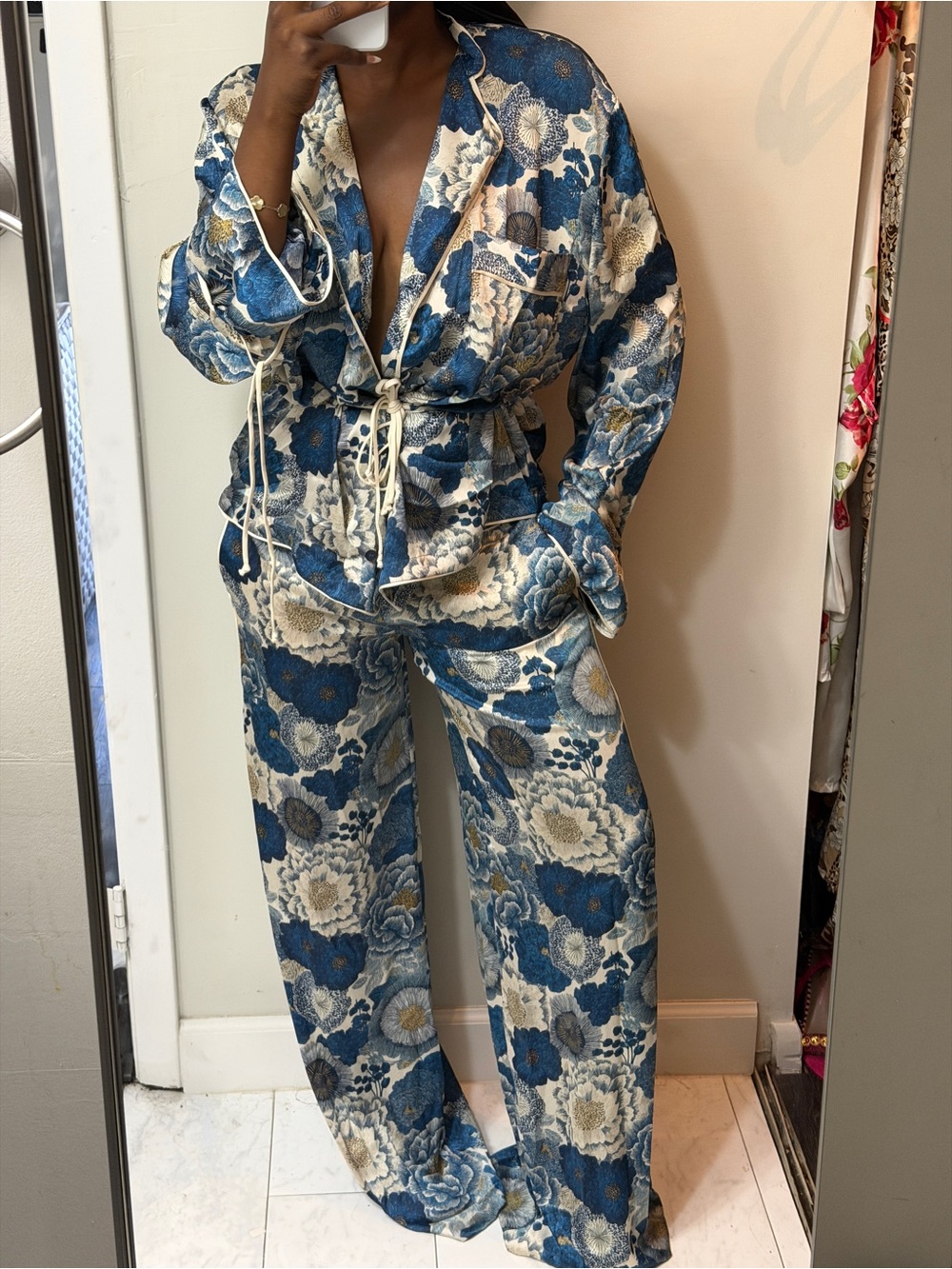 Zara Blue Floral Wide-Leg Pants and Kimono Pants Set - Picture 7 of 15
